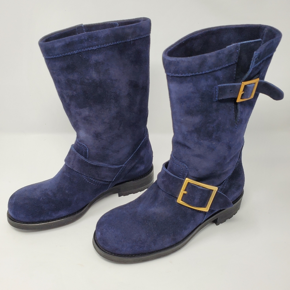 Jimmy Choo Navy Suede Moto Boots - Picture 4 of 9